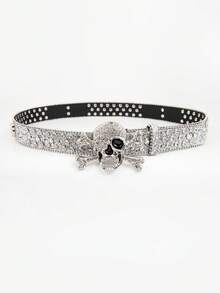 1 pieza Cinturón de hombre estilo punk rock Y2K de mezclilla plateada con hebilla de metal de calavera, strass y tachuelas láser, accesorio versátil para jeans y uso diario - Plateado - Ver 3