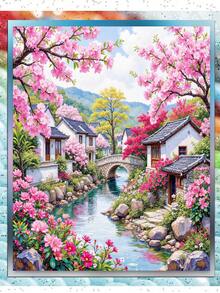 春季櫻花水鄉全滿鑽鑽石畫套件，傳統中國古村石拱橋粉色花樹風景鑲嵌手工藝，放鬆手作牆面藝術禮物，適合女性居家裝飾 - 圓鑽 - 查看 1