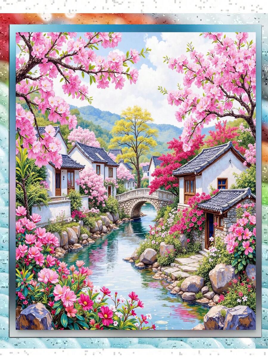 春季櫻花水鄉全滿鑽鑽石畫套件，傳統中國古村石拱橋粉色花樹風景鑲嵌手工藝，放鬆手作牆面藝術禮物，適合女性居家裝飾 - 圓鑽 - 查看 1