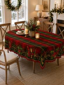 1pc Traditional Red & Green Plaid Holly Print Round Tablecloth, Suitable For Holiday Party Decor, Home Decor, Room Decor, Garden, Kitchen, Country Farmhouse Style Dining, Christmas Dinner And Family Celebration - Multicolor - View 11