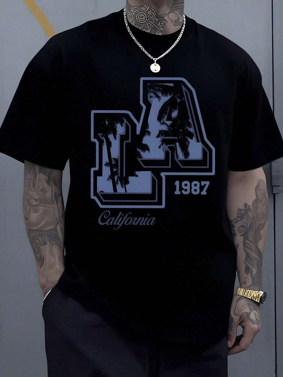 Letter LA With Palm Trees At Sunset Evoking The Beaches Of California And The Free Spirit Of 1987 Representing Adventure And Eternal Youth. Men's Plus Size T-Shirt, 100% Cotton, CK - 黑色 - 查看 1