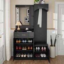 Modern, Compact Wardrobes, Wardrobe And Shoe Cabinet Combination, Entrance Cabinet, Multifunctional Storage Shelf With Mirror - 黑色 - 查看 5
