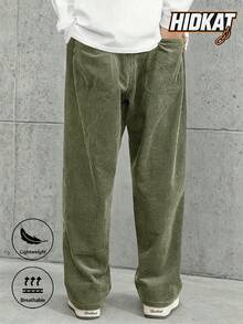 Pantalones casuales rectos con cordón elástico en la cintura, de pana, estilo retro para primavera y otoño - Verde - Ver 4