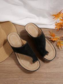 Women's Wedge Platform Sandals, Comfortable Fashionable Summer Toe-Split Sandals For Commuting Outfits - Black - View 5