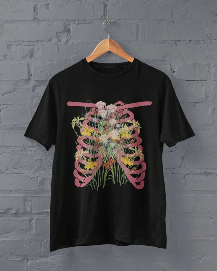 Camiseta de esqueleto estilo grunge, Camiseta de costillas estilo alternativo, Regalos extraños, Gótico Pastel, Camiseta gótica, Academia Oscura, Camiseta peculiar, Camiseta surrealista, Pun - Negro - Ver 1