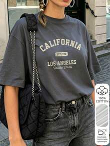 2026 Sommer Neu Damen California Los Angeles Buchstaben Muster Reine Baumwolle Locker Kurzarm T-Shirt Lässig Vielseitig Top - Dunkelgrau - Übersicht 2