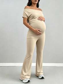 2pcs Maternity Set - Flared Pants & Casual Crop Top, Minimalist Elegant Gray Summer - Khaki - View 3