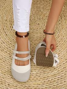 Zapatos Mary Jane para mujer con doble correa de gancho y bucle, suela blanda, costuras minimalistas, unicolor, punta redonda, caña baja, tacón plano, estilo casual dulce, para uso diario/compras/todas las estaciones, beige, forro de PU/tela - Beis - View 6