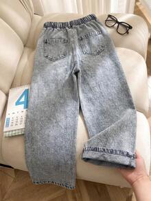 Tween Girls Heart Embroidered Elastic Waist Wide Leg Jeans Loose Straight Denim Pants Cute Casual Everyday Outfit - Light Wash - View 2