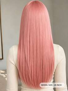 28 Inch Women's Pink Straight Hair Wig, Middle Part No Bangs, High Temperature Resistant Synthetic Fiber, Elegant Versatile, Suitable For Halloween Cosplay And Party Styling - Pink - View 5
