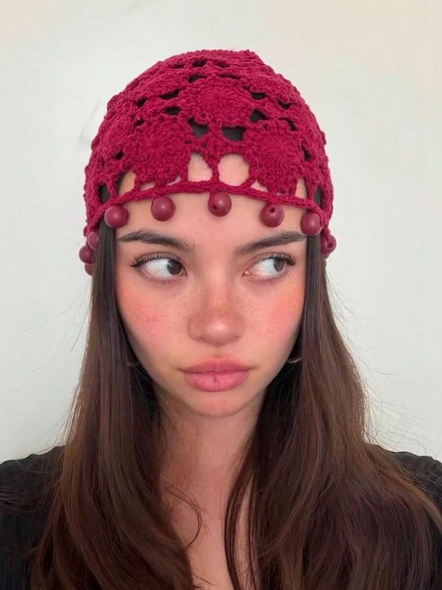 1pc Crochet Hollow Women's Handmade Knitted Round Beaded Hollow Hat, Breathable Mesh Headwear For Women, Suitable For Street Style, Daily Wear, Vacation Travel, Beach And Party Events - A - View 1
