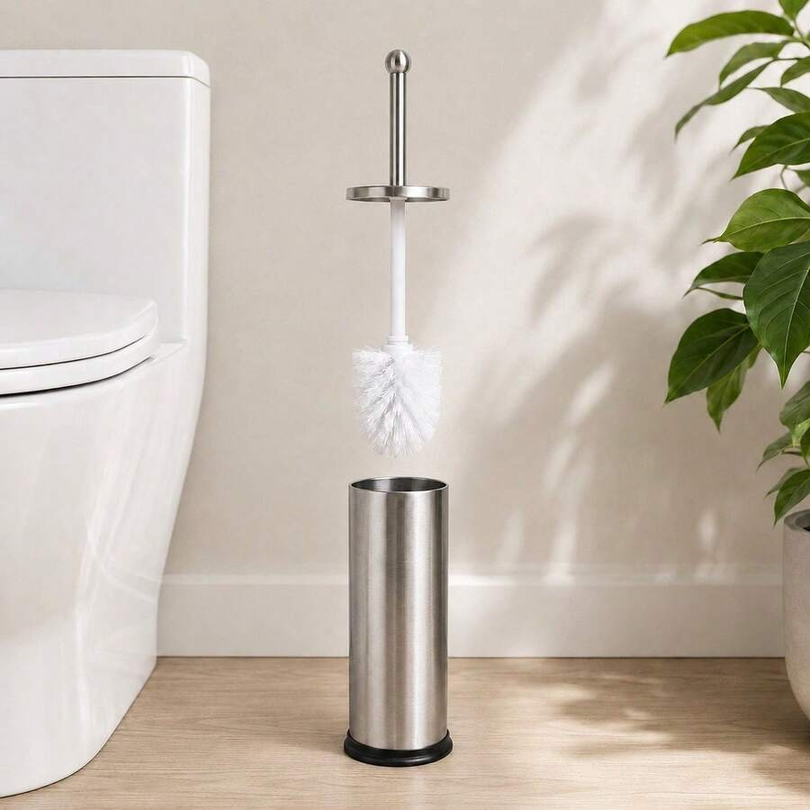 Inde CONFORTIME | Porte-brosse WC en acier inoxydable satiné, brosse WC avec support cylindrique et base antidérapante, porte-brosse, accessoires de salle de bain pour le nettoyage et l'entretien des toilettes - Porte-brosse de toilette en acier inoxydable - Voir 1