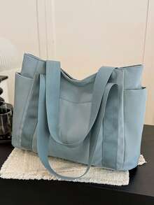 Tas Tote Kasual Minimalis Warna Polos Bergaya, Kapasitas Besar, Tas Bahu Wanita, Liontin Tidak Termasuk - Baby Blue - View 4