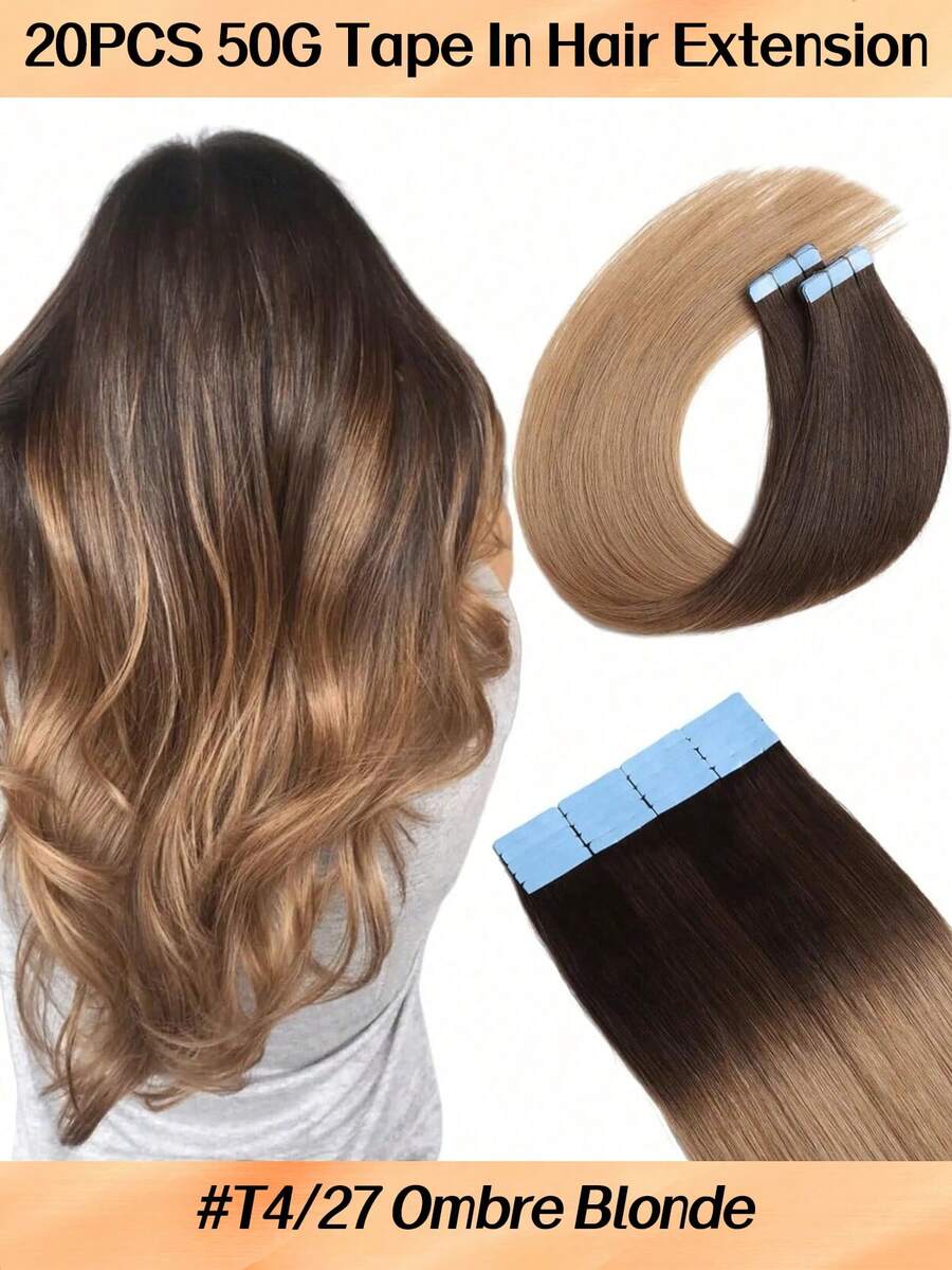 Jessie's Selection 20pcs/Pack 50g Tape In Hair Extensions Skin Weft Remy Silky Straight Seamless Invisible Tape Adhensive 150Grams 100% Human Hair Extensions For Volume Add Length Luxury Quality Affordable Cost Salon Quality (#4T27 Ombre Dark Brown & Dark Blonde) - S4/27 - 查看 1