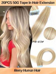 Jessie's Selection 20pcs/Pack 50g Tape In Hair Extensions Skin Weft Remy Silky Straight Seamless Invisible Tape Adhensive 150Grams 100% Human Hair Extensions For Volume Add Length Luxury Quality Affordable Cost Salon Quality(#18P613 Ash Blonde Balayage Highlight) - S18/613 - 查看 1