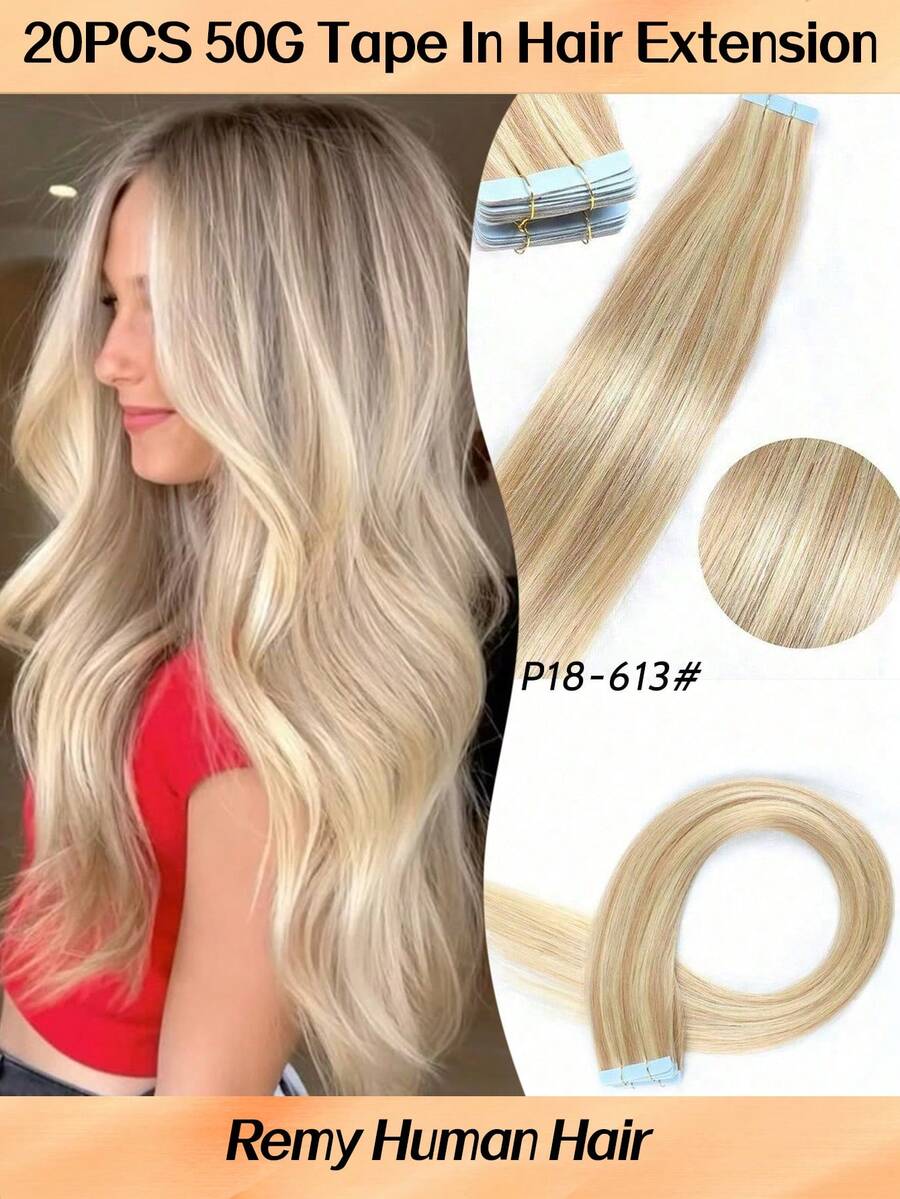 Jessie's Selection 20pcs/Pack 50g Tape In Hair Extensions Skin Weft Remy Silky Straight Seamless Invisible Tape Adhensive 150Grams 100% Human Hair Extensions For Volume Add Length Luxury Quality Affordable Cost Salon Quality(#18P613 Ash Blonde Balayage Highlight) - S18/613 - 查看 1