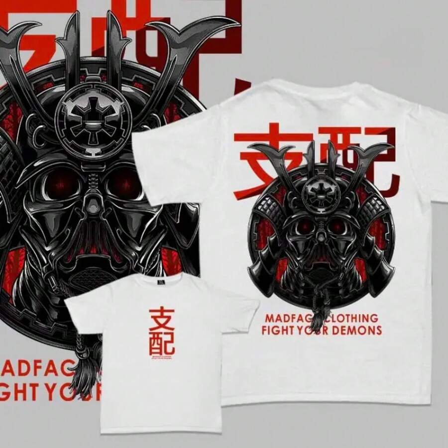 Unisex Black T-Shirt 100% Unwashed Cotton, A320 Geisha Design With Hannya Mask, Anime And Samurai Style, Streetwear Aesthetic Fashion, Casual Wear For Men And Women, Perfect For Use - 彩色 - 查看 1