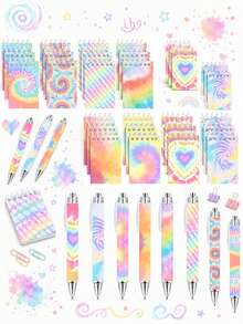 12pcs-Mini Tie-Dye Notebooks And Matching Ballpoint Pens. Colorful Style Pocket Notebooks And Ballpoint Pens, Back To School - Multicolor - View 5