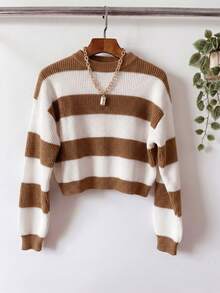Women's Striped Knit Sweater, Cropped Style, Long Sleeves, Round Neck, Dropped Shoulders And Ribbed Trim, Ideal For Autumn. - Unta - View 4