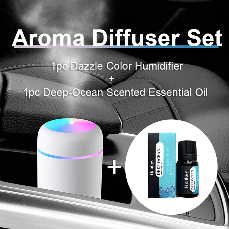 2pcs Set Colorful Aromatherapy Diffuser, Includes 1pc 300ml Ultrasonic Humidifier And 1pc 10ml Deep Sea Water-Soluble Essential Oil, USB Interface, Suitable For Car, Office, Home - Humidify Air, Create Comfortable Environment - White - View 1