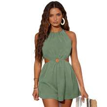 Vestido corto de verano de nuevo estilo, con cuello halter, sin mangas, con corte en la cintura y color sólido. - Rosa Fucsia - Ver 5