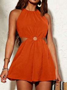 Vestido corto de verano de nuevo estilo, con cuello halter, sin mangas, con corte en la cintura y color sólido. - Rosa Fucsia - Ver 9