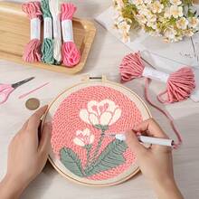Poke Show 刺繡套件，粉色花卉主題，初學者刺繡套裝附布料、繡框、線材、針、刺繡筆、穿線器，適合初學者與成人，舒壓刺繡手工藝套組，成人手工藝 - A - 查看 1
