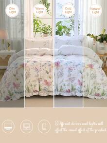 Juego de ropa de cama de 3 piezas con estampado floral blanco y ribete con volantes completos - Incluye 1 funda nórdica y 2 fundas de almohada (sin rellenos), estilo campestre fresco, ligero y transpirable, lavable a máquina, ropa de cama floral, estilo campestre, decoración del hogar con volantes - Multicolor - Ver 9
