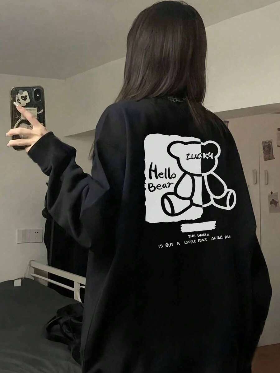 女款極簡配色字母熊雙面印花休閒長袖寬鬆百搭羅紋中性上衣T恤,適合居家、街頭穿著,黑色 - 黑色 - 查看 1
