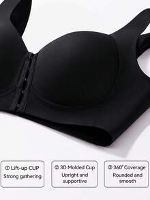 Plus Size Solid Color Front Closure Supportive Bra With Comfortable Wide Straps, Seamless Everyday Underwear - Black - View 8
