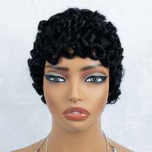 Black Curly Wig Pixie Cut Wig Human Hair Wigs Women's Short Hair Wig Elegant Design 4 Inches Elastic Mesh Cap Suitable For All People - Natural Black - View 7