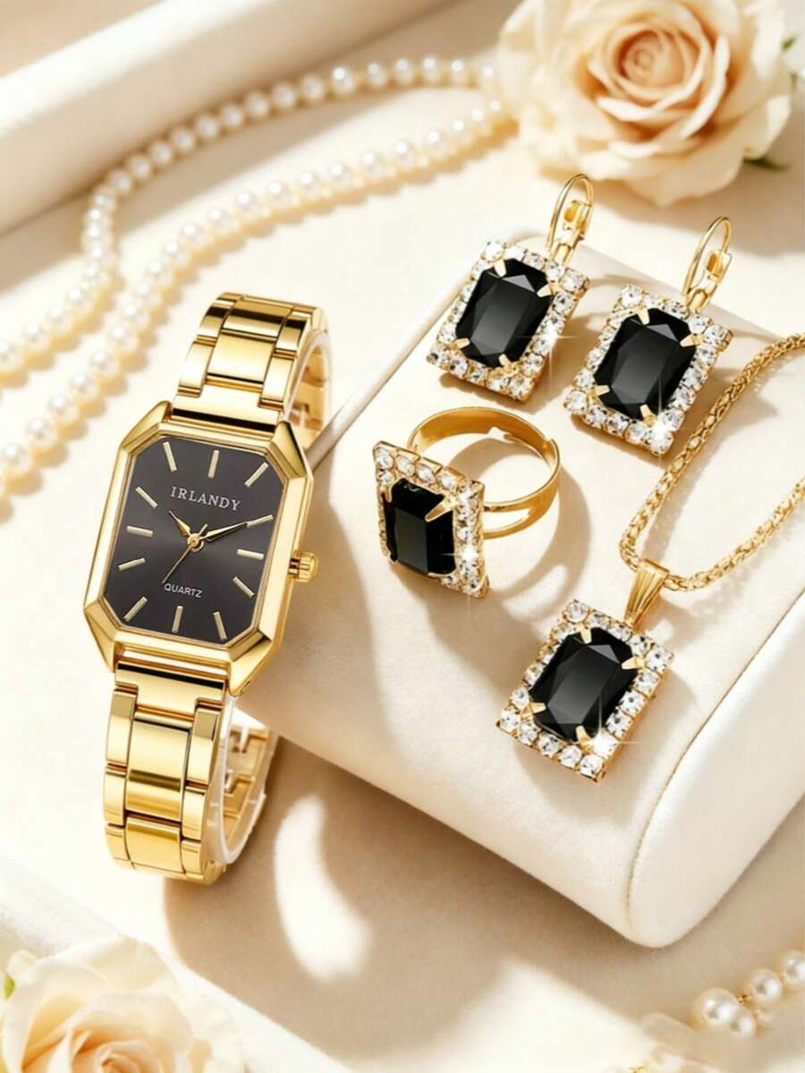 5件組女款金色羅馬數字手錶附鋼製錶帶與珠寶套組,平價奢華生日或畢業禮物 - 金色 - 查看 1