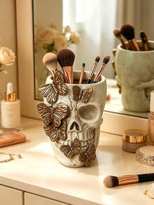 Skull Makeup Brush Holder, Butterfly-Shaped Gothic Makeup Brush Holder, Desktop Pen Holder, Dressing Table Decoration, Pink/Gold - Multicolor - View 3