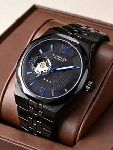 LONGLUX 1 Stück Herren Automatik-Mechanik-Uhr mit Cut Out römischen Mischzifferblatt, Luxus-Business-Stil Armbanduhr aus Stahl, geeignet für den täglichen Gebrauch und als Urlaubsgeschenk - Schwarz - Übersicht 2