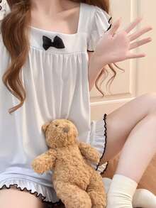 2pcs/Set Women's Pajamas Loungewear Set, Romantic Solid Color Pullover Frill Trim Sleeveless Top And Simple Solid Color Shorts, Easy Care Fabric - Baby Blue - View 11