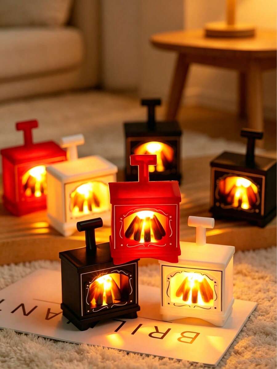 3件組迷你壁爐LED電子燈籠，臥室小夜燈，高級桌面裝飾，餐廳/咖啡廳氛圍道具，無明火模擬壁爐，紅/白/黑3色，生日/喬遷禮物，創意家居裝飾