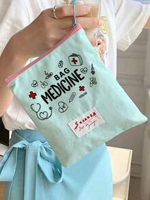 「Medicine」圖案印花便攜藥袋 藥丸收納盒 急救包 化妝包 零錢包，適合日常使用/戶外/旅行，便於攜行的收納、化妝品、手機及其他小物品收納，旅行必備，聖誕禮物，個性化禮物袋，教師節禮物，小禮物交換，房間裝飾 - 彩色 - 查看 8