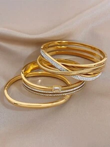 1Pc/3pcs Golden Luxury Zirconia Geometric Bangle Bracelet For Women,Stainless Steel Set,Daily/Beach Boho/Party/Wedding,Mom Gift,Valentine Birthday - Multicolor - View 7