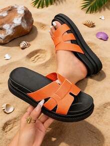 Spring/Summer New Buckle Thick Sole Open Toe Wedge Sandals Women's Casual Soft Bottom Versatile Beach Shoes - Coral Orange - View 3