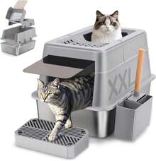 Edelstahl-Katzenstreubox mit Deckel, 110°XXL-Design, Edelstahl, 38L, großFassungsvermögen mit Schaufel und Pedal, hoher Rand, auslaufsicher und leicht zu reinigen SQ1H - 60,5 x 40,5 x 38 cm - Übersicht 8