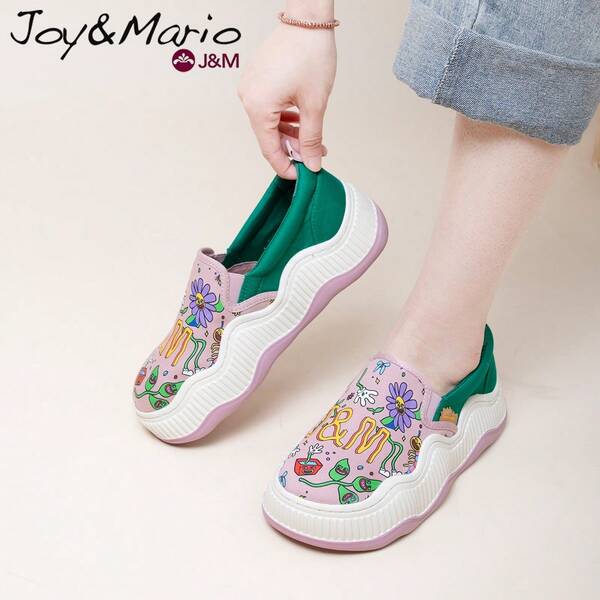 joy&mario Women's Ins Colorblock Floral Plant Cartoon Graffiti Retro Sweet Mature Multi-Purpose Compact Student Slip-On Wavy Thick Sole Canvas Shoes, Breathable Non-Slip Lightweight, Suitable For Daily Commute Dating Vacation Summer Casual Shoes - J&M