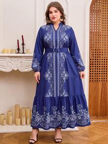DEARCASE Plus Size Women Long Sleeve Floral Print Dress Vacation Elegant - Navy Blue - View 3