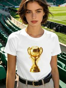 Women's 3-Piece Soccer Trophy Set, Spring, Quality Fabric, Crew Neck, Comfortable Fit, Casual. - 白色 - 查看 2