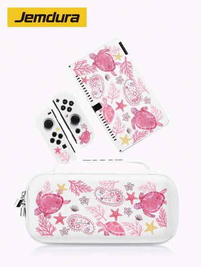 New Switch 2 (2025) Game Accessories, 1pc Pink Turtle Star Ocean Pattern Storage Bag For Charger And Data Cable, Compatible With Switch/Switch 2 Protective Case, Compatible With Switch 2/Switch OLED/Switch NS Battery Version Game Console Storage Bag/Protective Case, Card Box, Dust Cover, Dock, Built-In Stand, Can Store 10 Game Cards, Portable Travel, Anti-Drop Anti-Pressure Game Cartridge Box Controller Bag Accessory