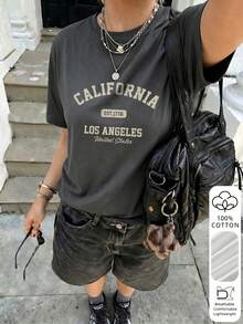 2026 Sommer Neu Damen California Los Angeles Buchstaben Muster Reine Baumwolle Locker Kurzarm T-Shirt Lässig Vielseitig Top - Dunkelgrau - Übersicht 4