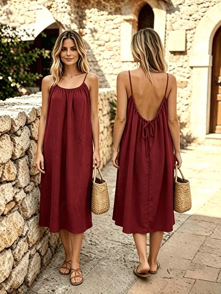 Perfect For Your Vacation! Midi Dress With Thin Straps, Open Back With Drawstring, Lightweight Fabric That Flatters Your Figure. - 酒紅色 - 查看 1