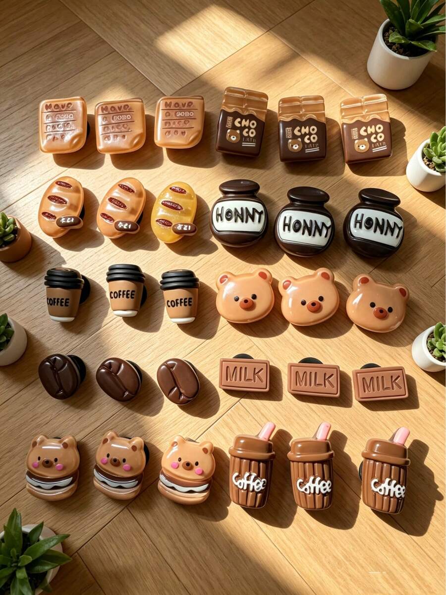30pcs Cartoon Resin Coffee Color Bear & Flower Random Pattern Clog Shoe Charms Set