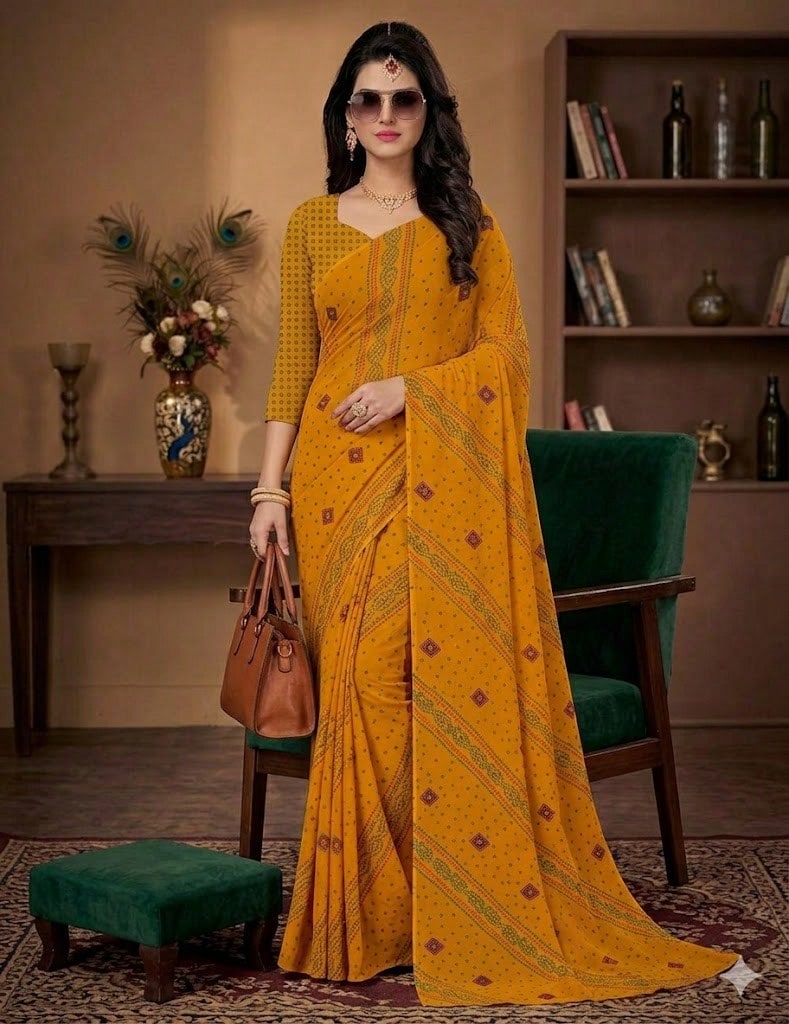Estationeryhouse Bandhani Diagonal Print With Unstitched Blouse Piece - Mustard - View 1