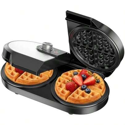 Double Waffle Maker, Belgian Waffle Maker, 6.5 Inch Waffle Iron With 2 Independent Adjustable Temp Knobs & Indicator Lights, Easy-Clean Nonstick Plates, Stainless Steel, Black