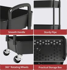3 Tier Rolling Storage Trolley – Black Utility Cart With Wheels For Kitchen, Bathroom & Laundry Organiser - Black - View 9